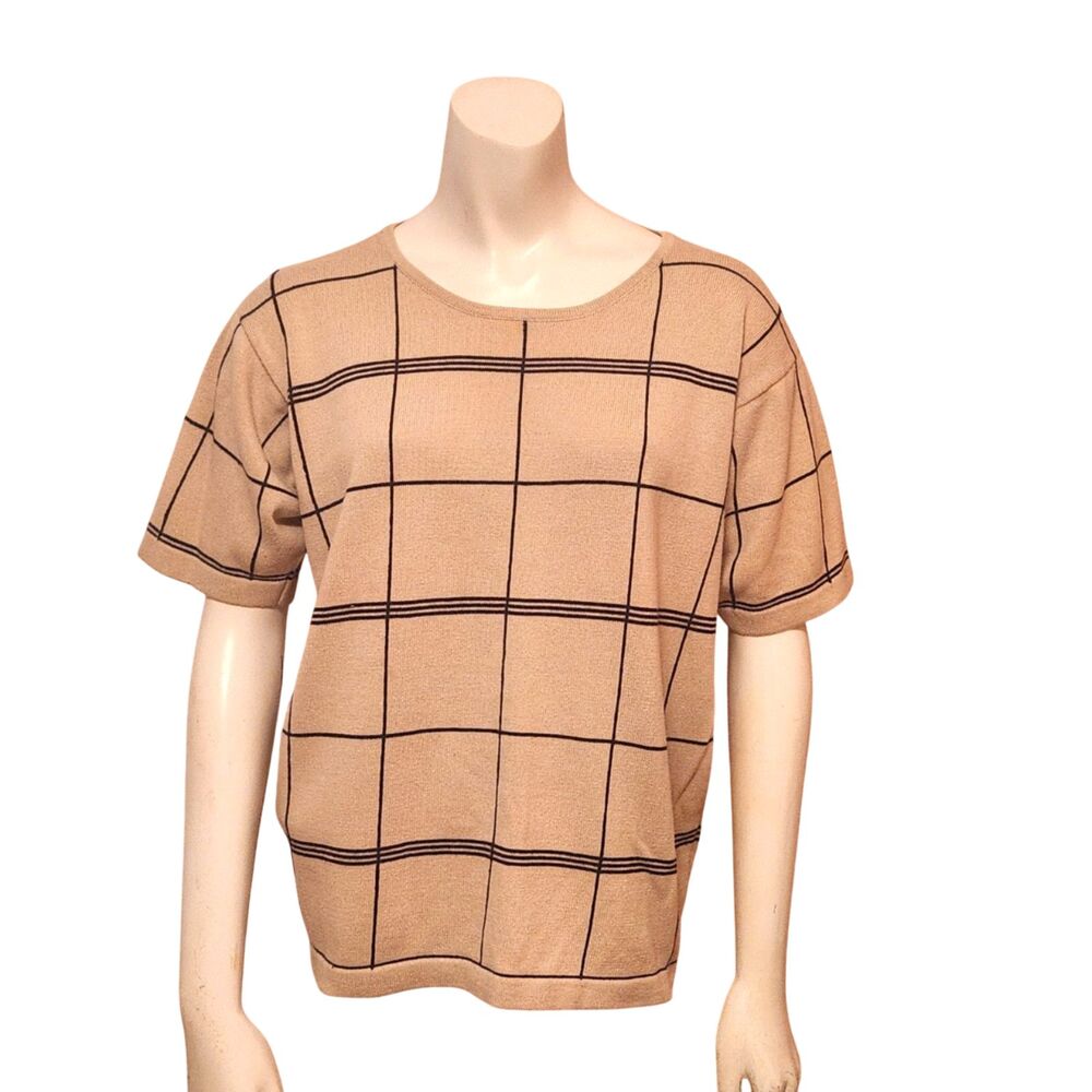 Milano Design Tan and Black Window Pane Pattern Short Sleeved Top Womens Size M
